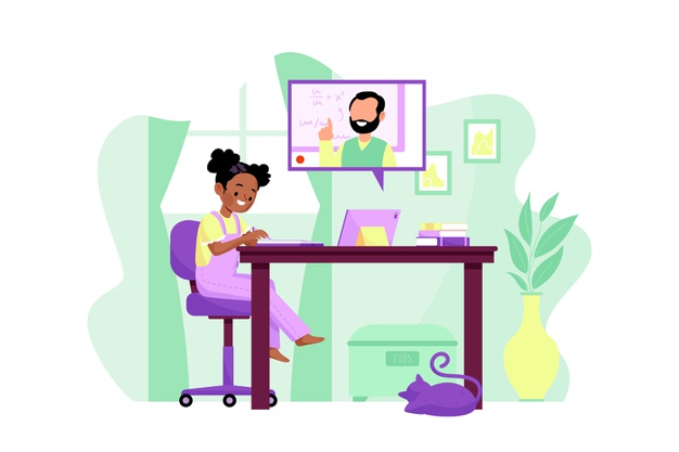 Na imagem, há uma ilustração de uma criança negra assitindo uma aula online. Imagem utilizada para ilustrar o artigo com a temática "A importância da representatividade no material didático."